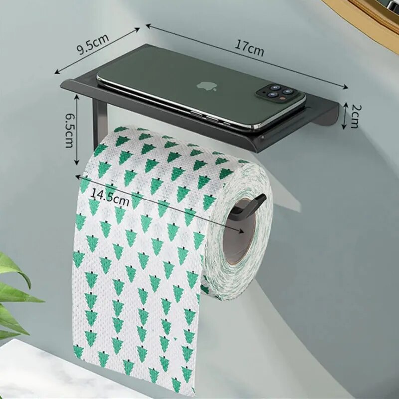 Aluminum Alloy Toilet Paper Holder Shelf With Tray - Bathroom and Kitchen Wall Hanging Organizer