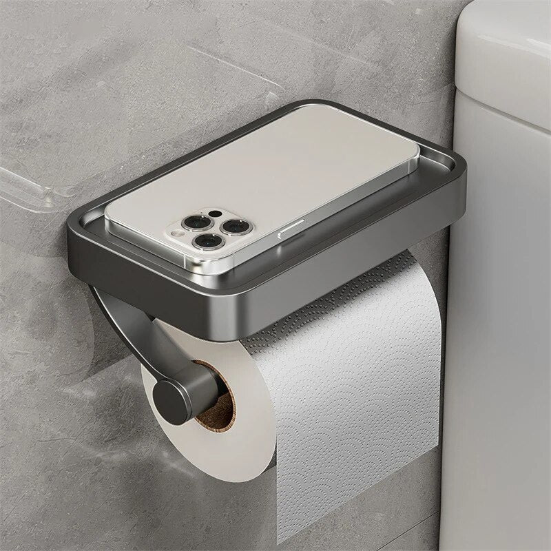 Aluminum Alloy Toilet Paper Holder Shelf With Tray - Bathroom and Kitchen Wall Hanging Organizer