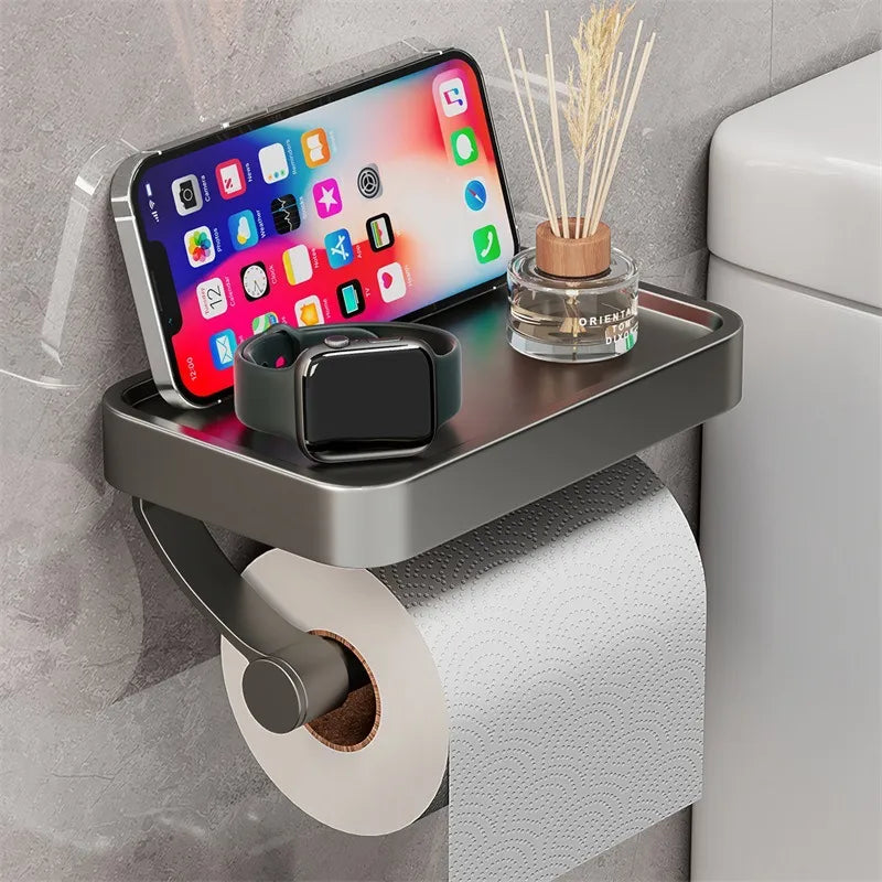 Aluminum Alloy Toilet Paper Holder Shelf With Tray - Bathroom and Kitchen Wall Hanging Organizer